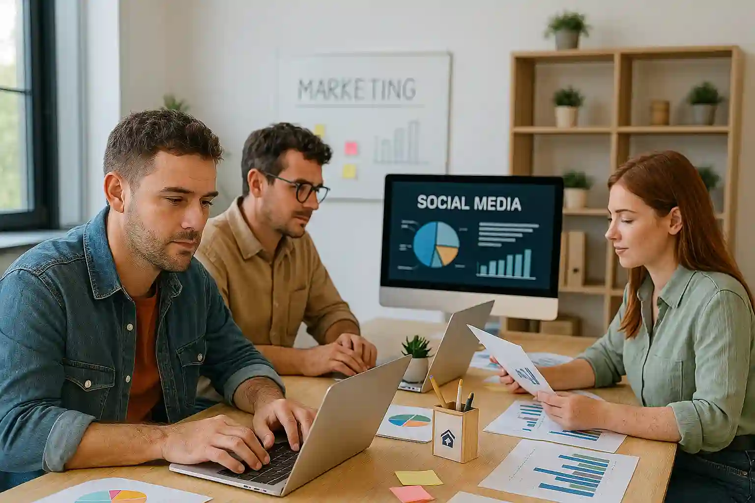 Equipo de marketing digital analizando estrategias y métricas frente a una pantalla con gráficos y redes sociales.