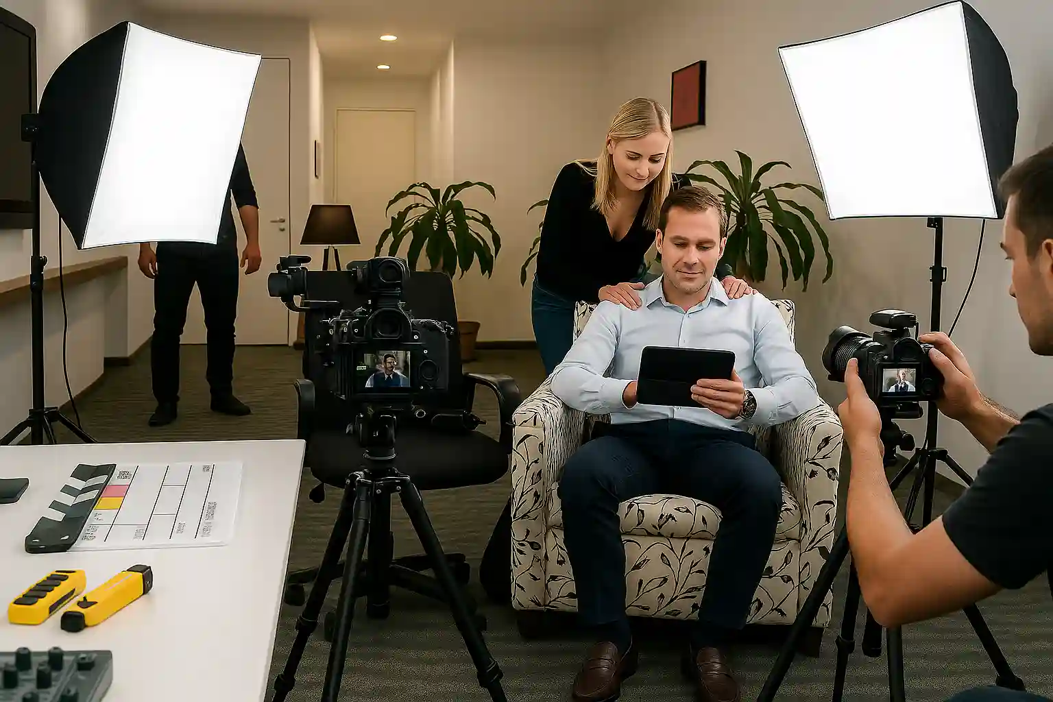 Equipo de producción grabando a un empresario en set con luces profesionales durante una entrevista en video.