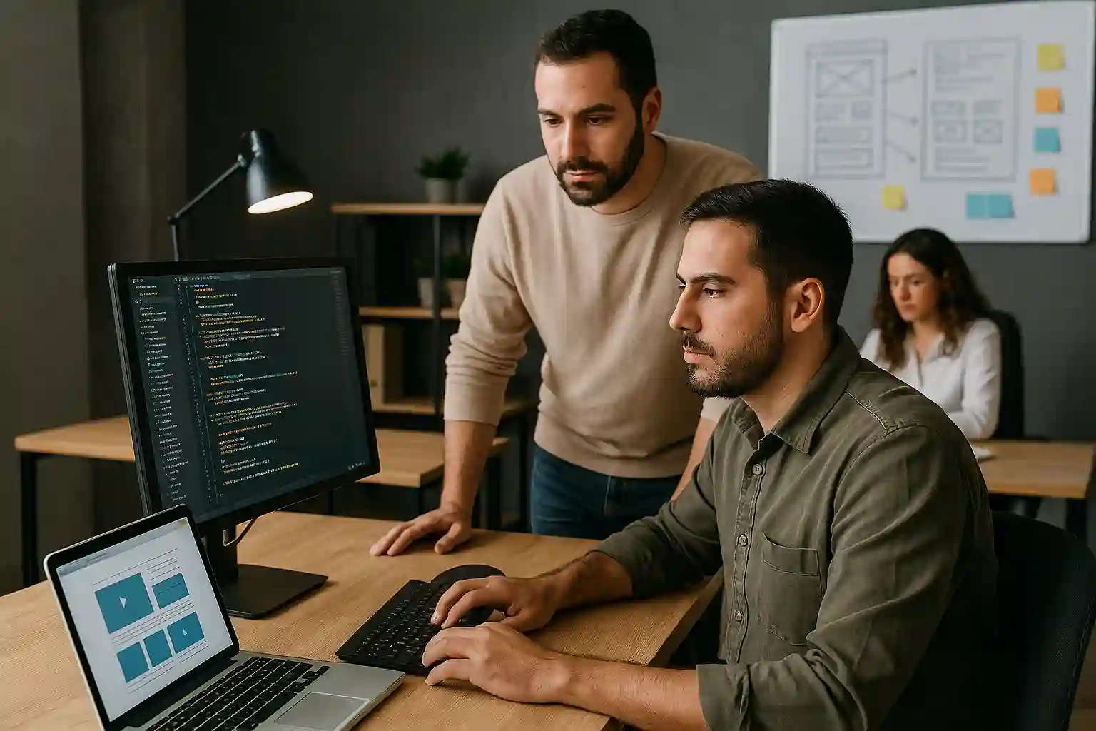 Desarrolladores web colaborando en la programación y diseño de una página desde un entorno profesional.